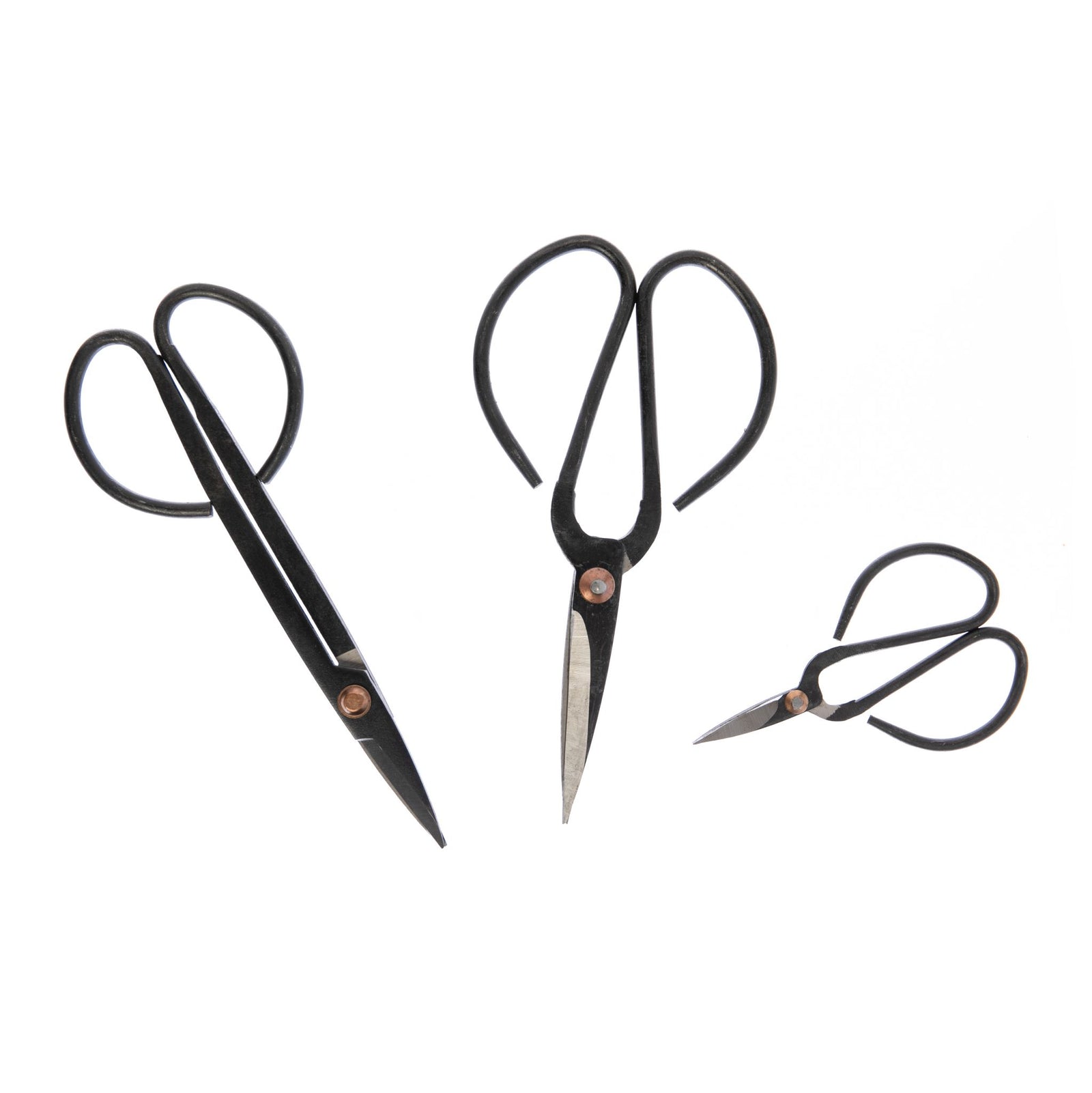 A set of three carbon steel garden scissors in varying sizes with black handles.