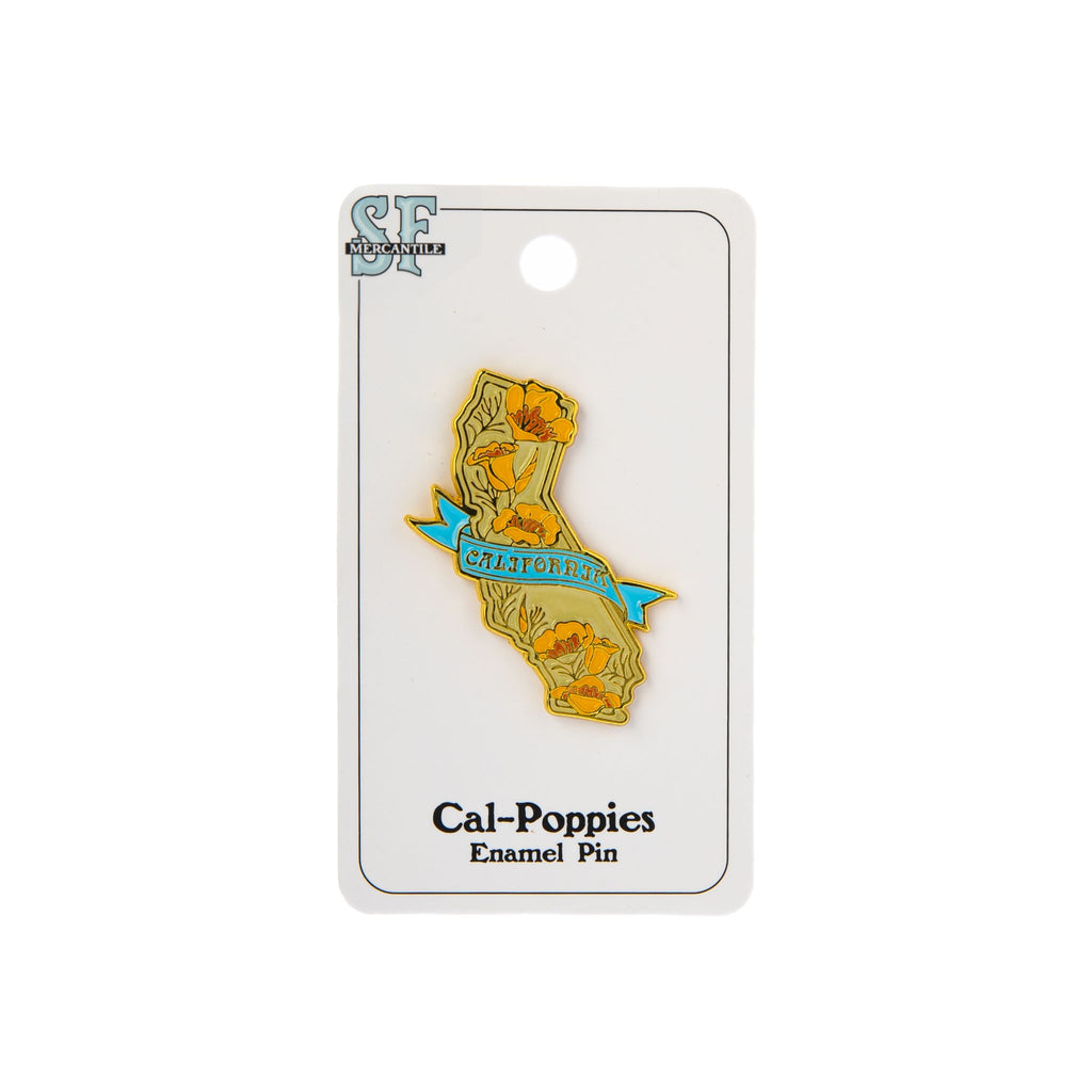 Enamel pin showing the State of California with golden poppies, designed by artist Ethel Martinez. 1.5” high, enameled metal pin.