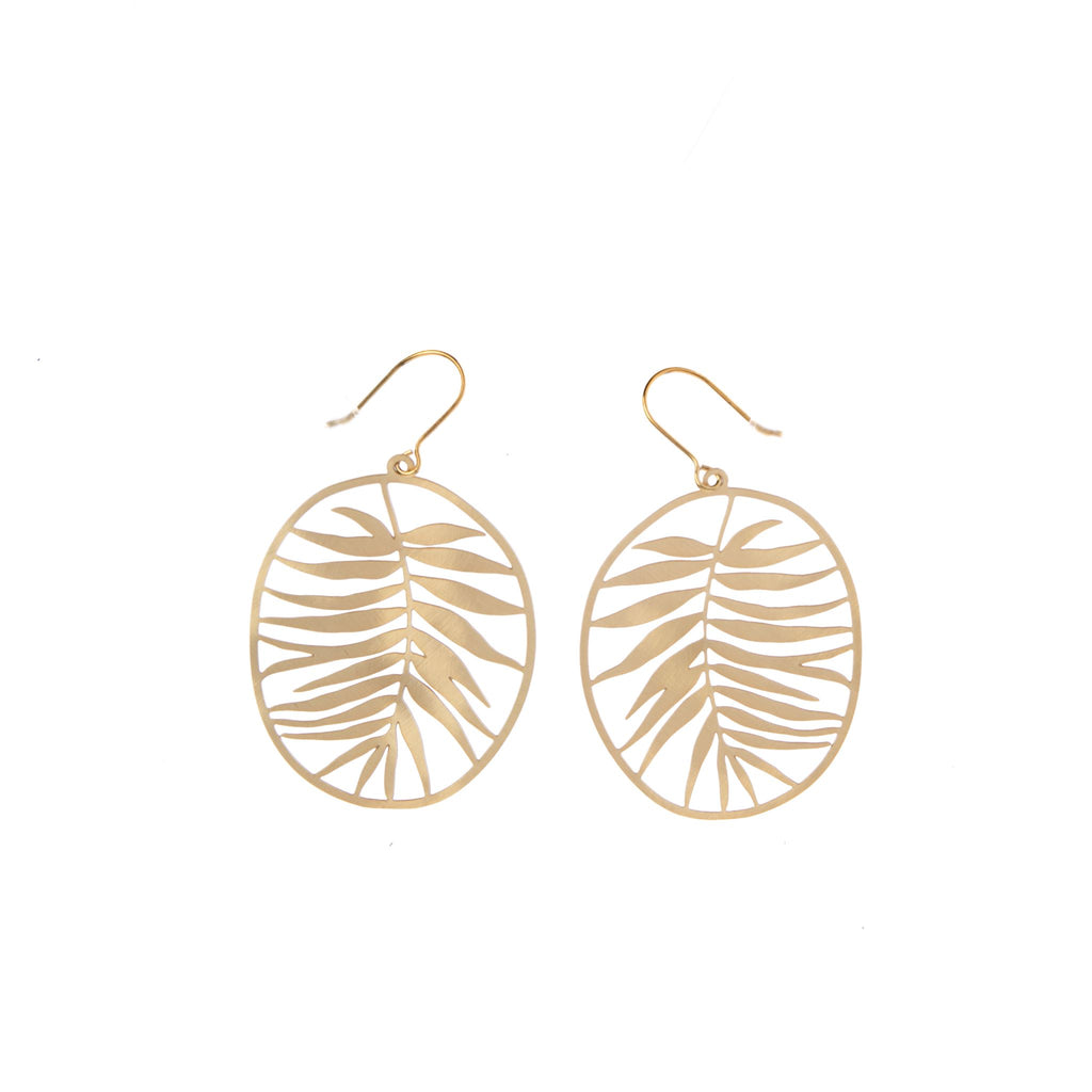 Add a touch of tropical elegance with these statement leaf earrings. Light enough to wear all day, or to add interest to an evening ensemble. Material: brass with brushed gold finish Gold plated brass ear-wires Size: 1.69" x 2.79" Made in Spain. Matching necklace and pin available.