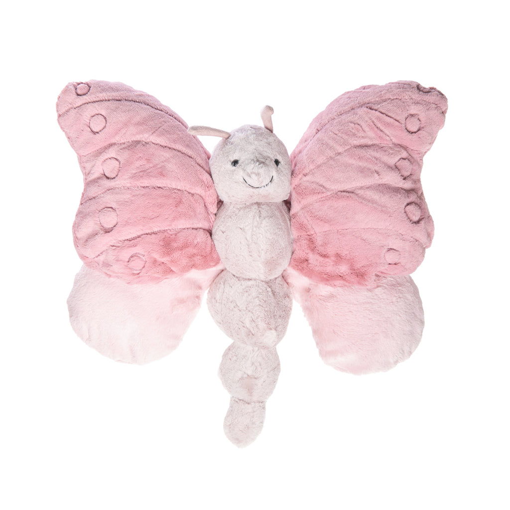 Beatrice butterfly is ready and waiting to flutter her way into your heart. She is rosy and cosy with a beany bottom, super soft textured wings and suedey antennae. This bobbly beauty loves nectar and playing all day in the garden. Suitable for all ages Hand wash only Size approx 15" x 20"