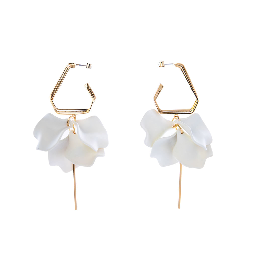 “There is simply the rose; it is perfect in every moment of its existence.” – Ralph Waldo Emerson Wear the simple beauty of a white rose with these rose petal dangle earrings. Hypoallergenic, nickel-free metal Total length of earrings approx 3.5"" Resin rose petals.