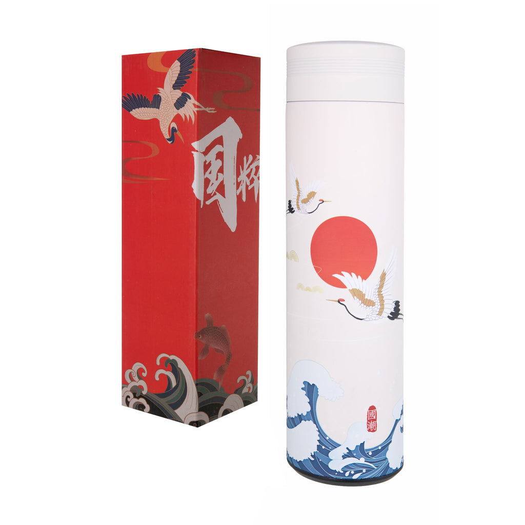 Japanese thermos flask with a traditional crane and rising sun design on a cream background. Made from high quality stainless steel with a matte plastic coating which feels velvety to touch. Screw on cap with waterproof seal, and a removable tea infuser filter. Keeps drinks hot for 20 hours. 9" tall, 2.5" diameter.