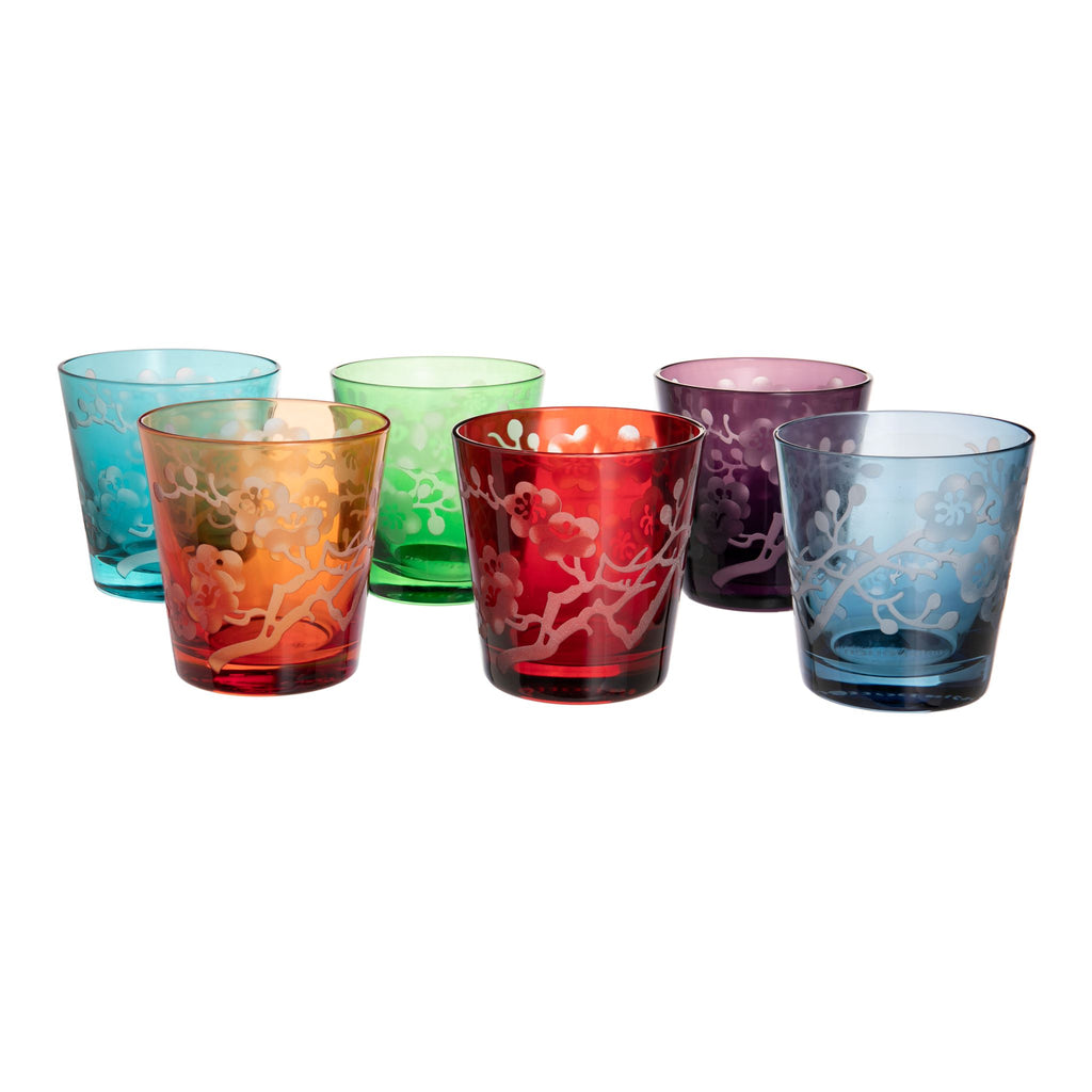 These decadently colored 'blossom' glasses are made from full colored glass and feature a sandblasted pattern. Perfect for events and entertaining guests – they make a great addition to your everyday kitchen tabletop rotation. Capacity 6oz. Diameter 3", height 3.3" Dishwasher & Microwave safe.