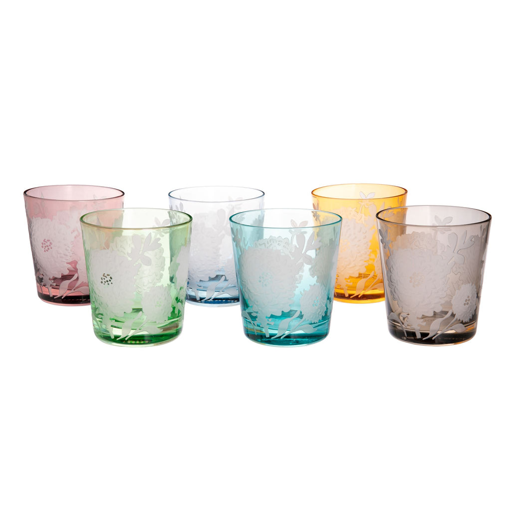 These prettily pastel-colored glasses are made from full colored glass and feature a sandblasted peony pattern. Perfect for events and entertaining guests – they add a gorgeously glamorous touch to any table setting. Capacity 8oz. Diameter 3.5", height 3.9" Dishwasher & Microwave safe.