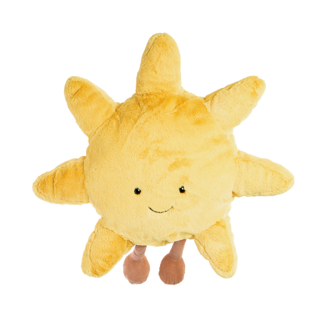 This smiling sun is here to brighten your day, without the need for shades or sunblock! This chubby, cuddly, bundle of rays is content to glow softly and warm your heart. An all-weather friend in buttery gold, sporting cheery cordy chocolately boots. Suitable from birth Hand wash only Size approx 18" x 18".