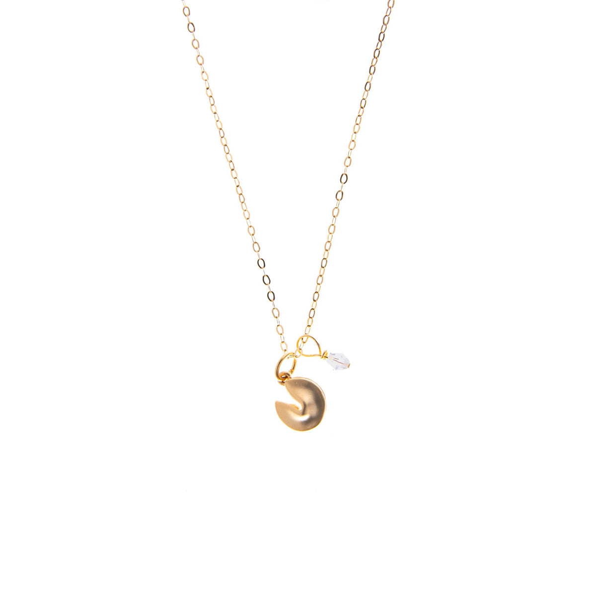 Catch your good fortune with this 16k gold-plated petite fortune cookie in matte finish adorned with the finest European clear crystal bead. Comes with 14k gold-filled classic chain in 18&quot; long with spring clasp for easy wear. 