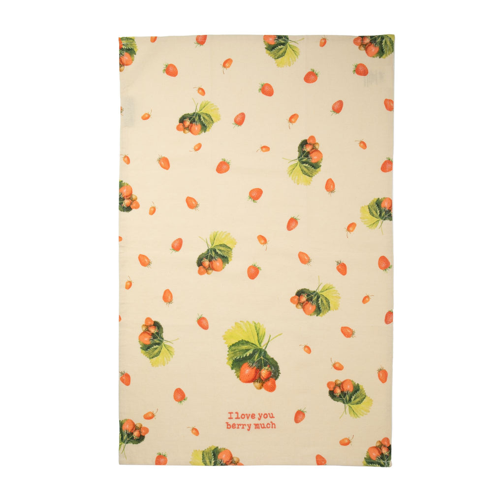 A cotton linen blend kitchen towel featuring all-over vintage style strawberry design, embroidered with the playful pun, "I love you berry much". The perfect towel to add a little extra love to any kitchen. Features a cotton tape loop in the corner for easy hanging. Machine-washable. 70% cotton, 30% linen Size: 19" x 28".