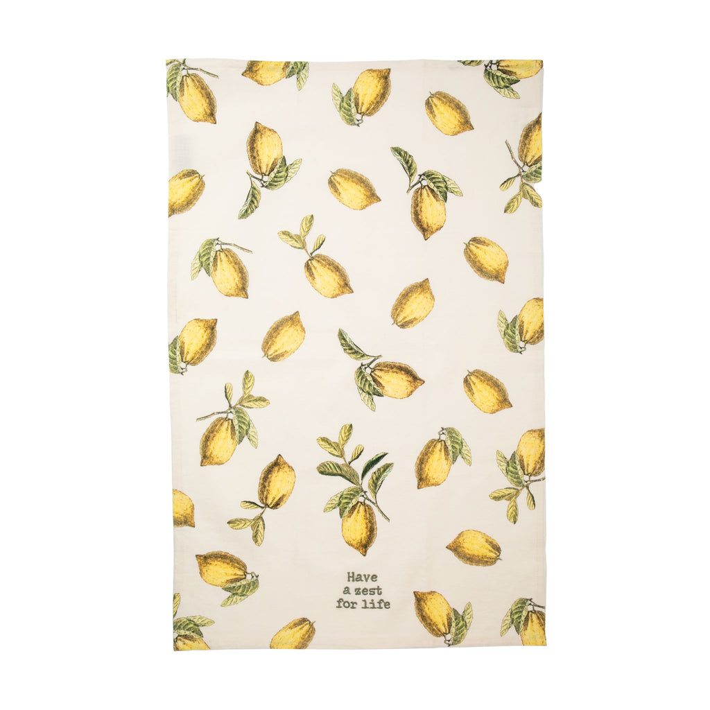 A cotton linen blend kitchen towel featuring all-over vintage style lemons design, embroidered with the inspiring message, "Have a zest for life". The perfect towel to add a little fun to any kitchen. Features a cotton tape loop in the corner for easy hanging. Machine-washable. 70% cotton, 30% linen. Size: 19" x 28".