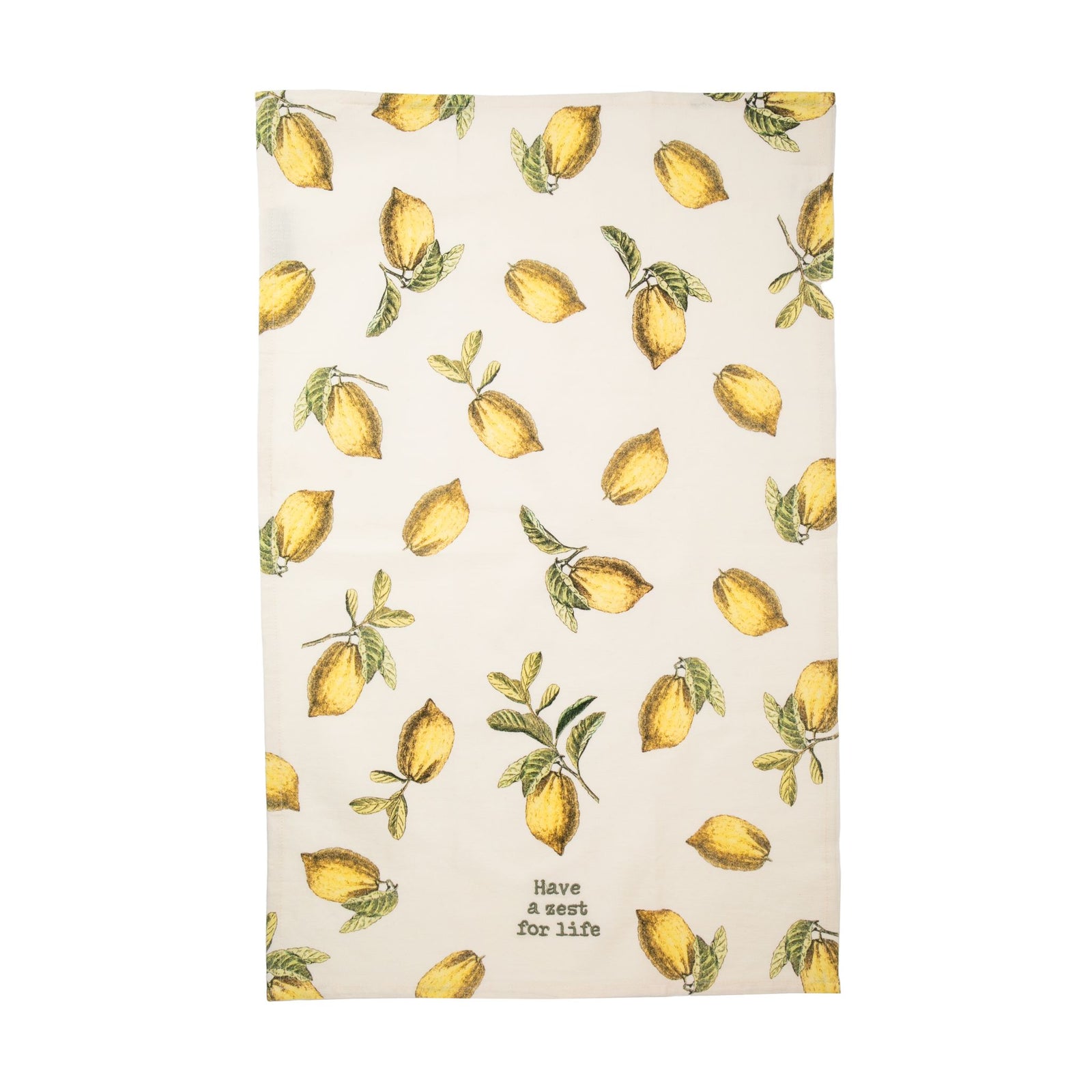 A cotton linen blend kitchen towel featuring all-over vintage style lemons design, embroidered with the inspiring message, "Have a zest for life". The perfect towel to add a little fun to any kitchen. Features a cotton tape loop in the corner for easy hanging. Machine-washable. 70% cotton, 30% linen. Size: 19" x 28".
