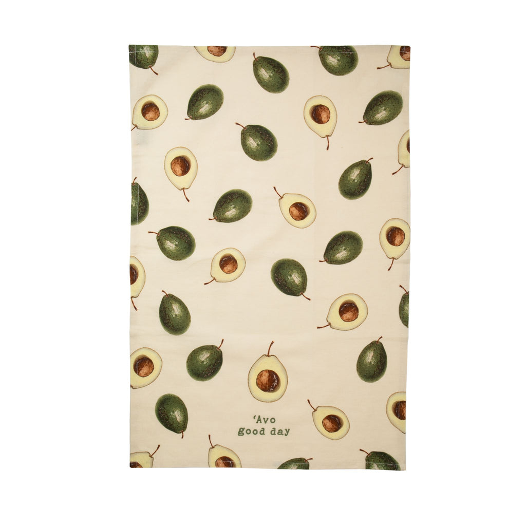 A cotton linen blend kitchen towel featuring all-over vintage style avocado design, embroidered with the playful pun, "Avo good day". The perfect towel for any avocado aficionado! Features a cotton tape loop in the corner for easy hanging. Machine-washable. 70% cotton, 30% linen Size: 19" x 28".