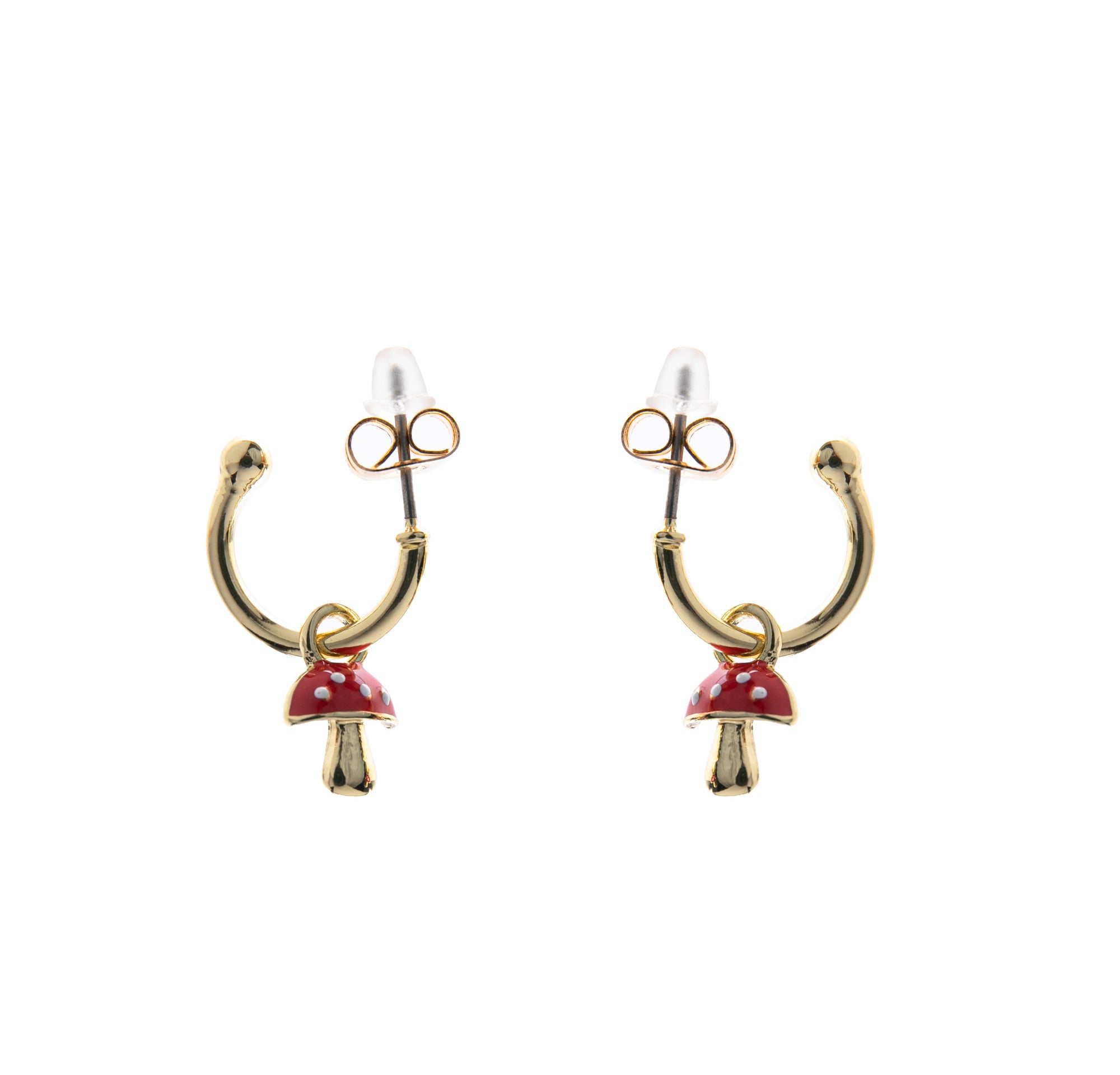 Make your own magic with these mushroom charm earrings. Mini, hand-painted enameled mushrooms loop onto 14k gold dipped hoops to add a playful touch to any outfit. Enameled charm earrings 14k gold dipped post hoops Hoop diameter approx: 1/2".