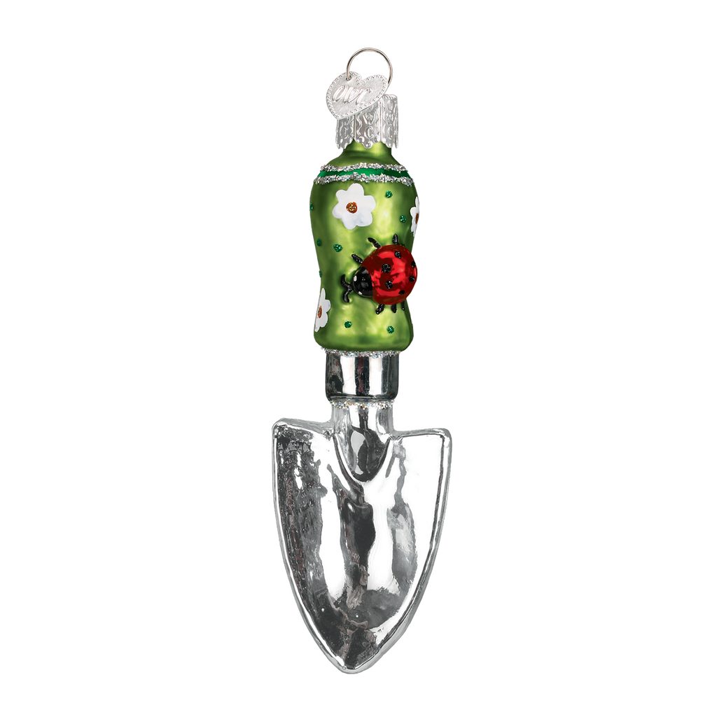 The perfect ornament for the gardener in your life. This detailed ornament features a chrome-effect trowel with green sparkly handle and ladybug. 4 1/2 inches high Handcrafted Mouth-blown glass. Hand-painted 