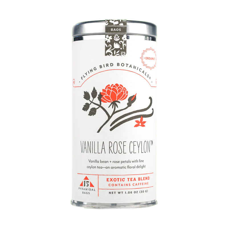 This delicious and nourishing artisan vanilla bean and rose petal ceylon tea is a floral delight. Created using organic, fairly traded ingredients. Tea bags are 100% compostable.  15 pyramid Tea Bags Fairly Traded Organic Ceylon Tea Leaves, Organic Vanilla Bean, Organic Rose Petals Steep time 4 minutes.