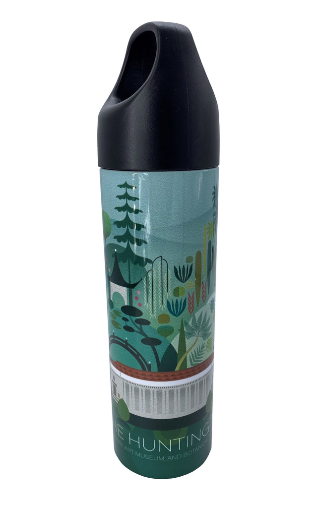 Reusable water bottle featuring artwork created exclusively for The Huntington by graphic design company Max & Oscar who are famed for their contemporary interpretations of vintage style travel posters. This beautiful design cleverly depicts our Library and Botanical gardens. 20 oz Hand-wash. Do Not Microwave.