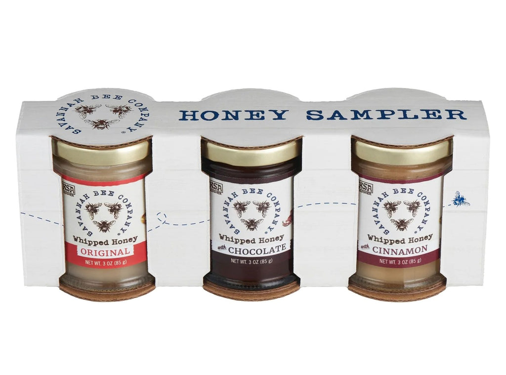 Can't decide which flavored honey you'll like best? No problem. This whipped honey sample set features one 3oz whipped honey in Original, Cinnamon, and Chocolate. Whipped honey is literally that - whipped to give a smooth, creamy, spreadable consistency. Jar size: 3 oz.
