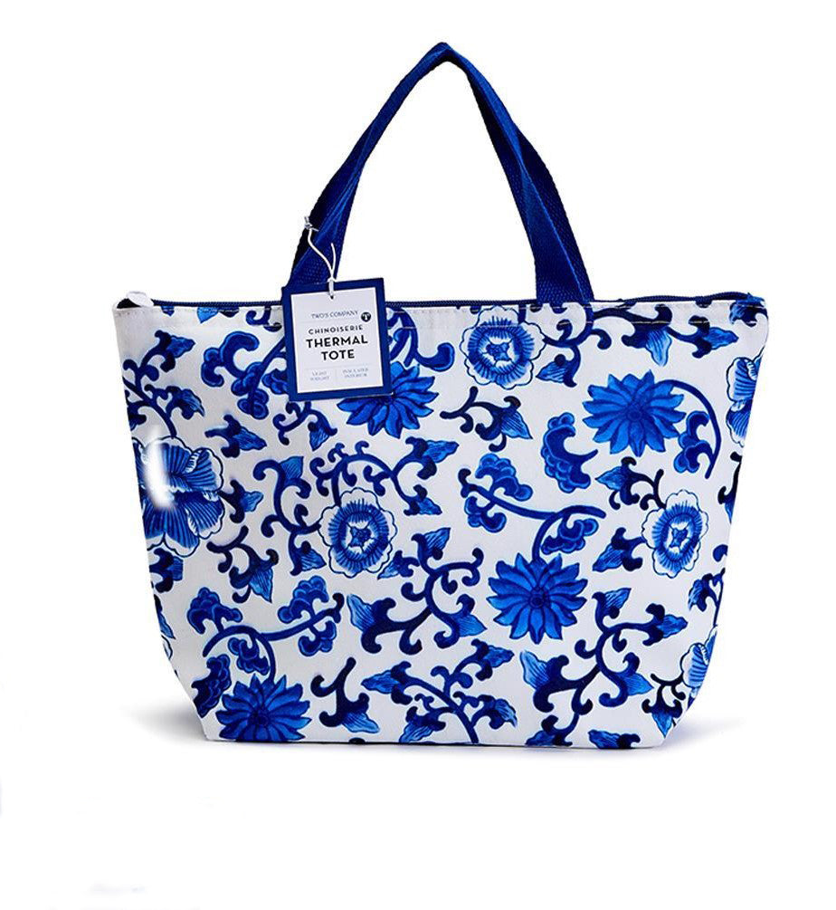 The perfect lunch tote to take with you to work, school, the beach, picnics, and travel. Thermal lining and zipper closure helps keep food cool or warm. Features a traditional blue and white chinoiserie chic pattern. Thermal insulated with zipper to keep your food or beverages cool or warm. Size: 15" x 9.5" x 5".