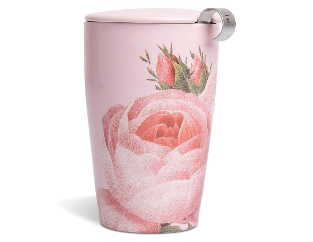 This double-walled ceramic tumbler and integrated stainless-steel infuser makes steeping loose tea by the cup easy. The innovative double-wall construction keeps the tea hot and the tumbler cozy to hold. Steeps 12 ounces. Ceramic cup & lid are microwave & dishwasher-safe. Rose-print design. 3.6 L x 3.6 D x 5.8 H"