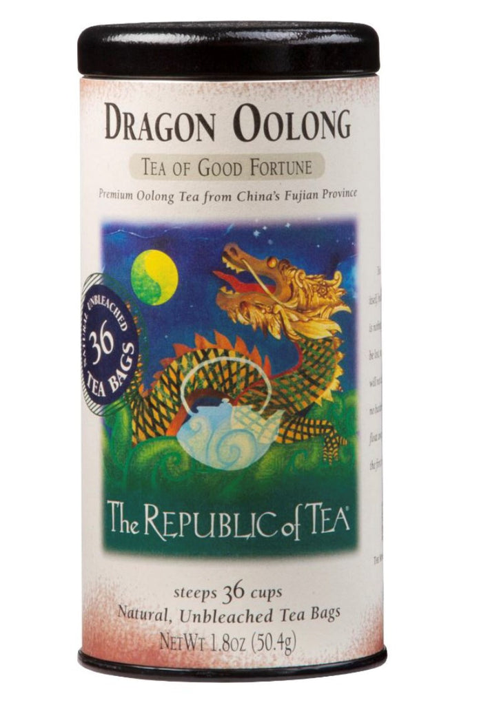 In China, the name Oolong translates into Black Dragon, inspired by the large, twisted leaves from which this tea originates. From the lush, misty hills of the Fujian province, oolong is famous for its flowery aromatics and lingering finish. Contains 36 natural, unbleached Tea Bags 1.8oz
