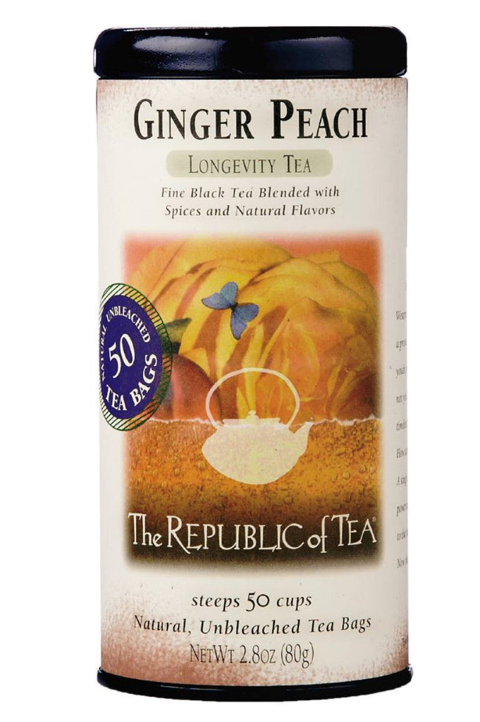 Fresh peach notes are complemented by a mild, zesty hint of ginger in this amber infusion. Longevity Tea - This tea offers the sweet lushness of a fancy peach seasoned with the tingle of spicy ginger. Exceptional over ice. Contains 50 natural, unbleached Tea Bags 2.8oz