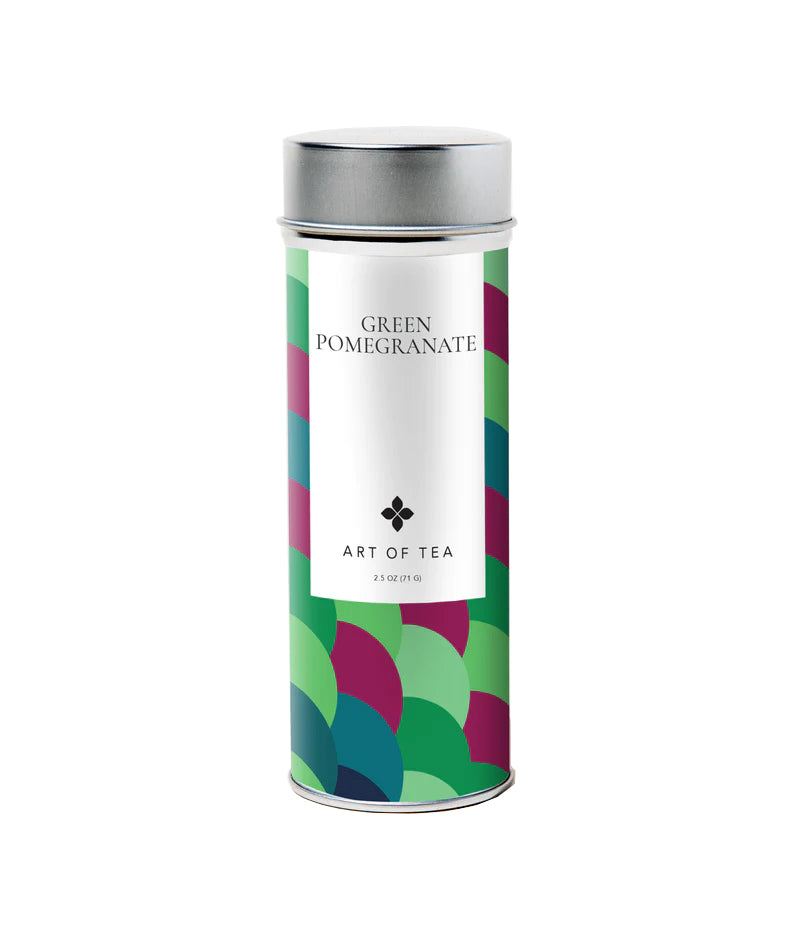 Green Pomegranate Loose Tea Tin. Sweeten your senses with a tart and tangy rush to the palate from this pomegranate green tea. Select organic green tea is hand tossed in a large wok, dried to perfection, then carefully blended with organic raspberries and essence of pomegranate. 2.5 oz tin- average 40 cups Medium Caffeine Steep time: 3 mins.