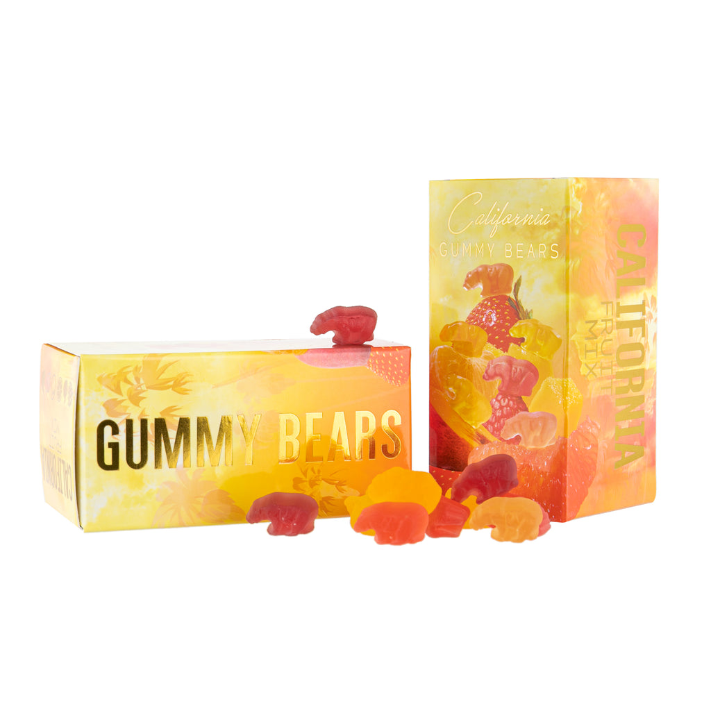 Get a taste of the Golden State with these California gummy bears. Made using California grown fruit. 100% natural ingredients GMO, gluten, soy and fat free Kosher Corn syrup free Flavors: Strawberry, Mango, Tangerine, Raspberry, Peach, Pink Grapefruit * Made in a facility which handles dairy, wheat, peanuts and nuts.
