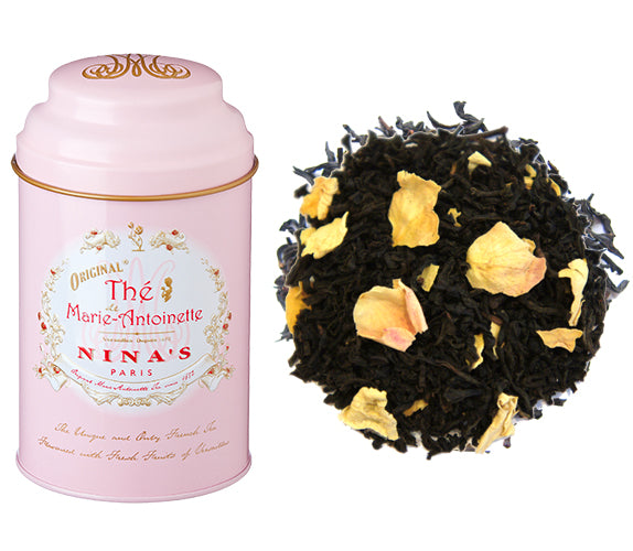 The famed Queen's tea is a blend of ceylon tea with rose petals and apples from the King's Kitchen Garden at Versailles. This loose-leaf tea comes packaged in a beautiful pink  tin that keeps the tea fresh.  Ingredients: Pure Ceylon Tea Leaves 93%, Tea Buds 3%, Rose Petals 2%, Flavor 2% France. 3.5oz.
