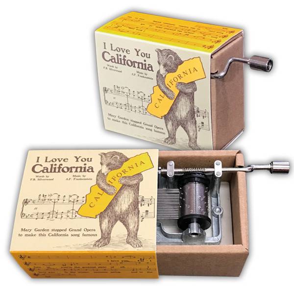 A must have for California lovers! A sweet bear gives our state a big hug. Music box plays the California State song: "I Love You California". Measures 2' x 2.5" x 1.5" high crank 7/8" handle.