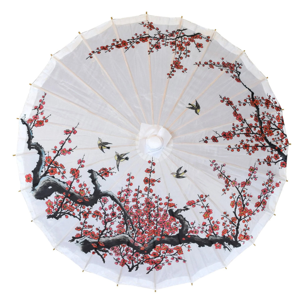 This pretty nylon cherry blossom and birds' nylon parasol is not only great for blocking the sun, but also offers a beautiful and fun way to dress up any wedding, birthday, special event or prom outfit. Length when closed: 25.5" Made from premium, durable nylon Real wood spokes and handle.
